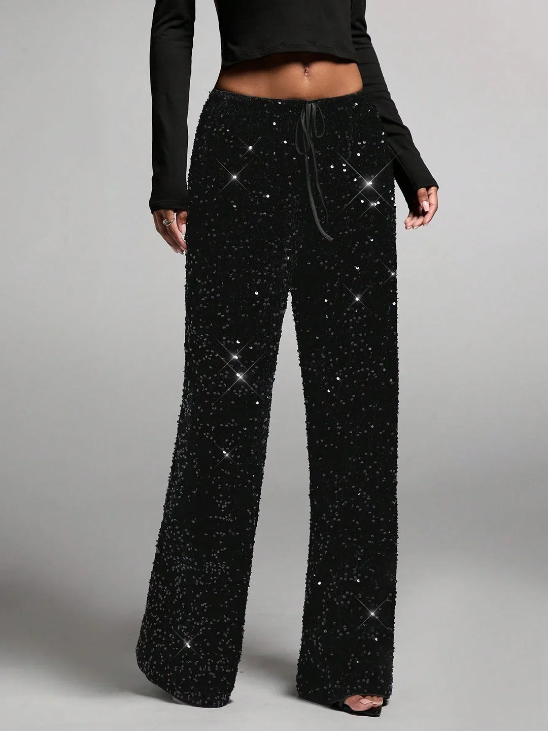 Sorvienne Relaxed Drawstring Wide Leg Sequin Trousers in Black