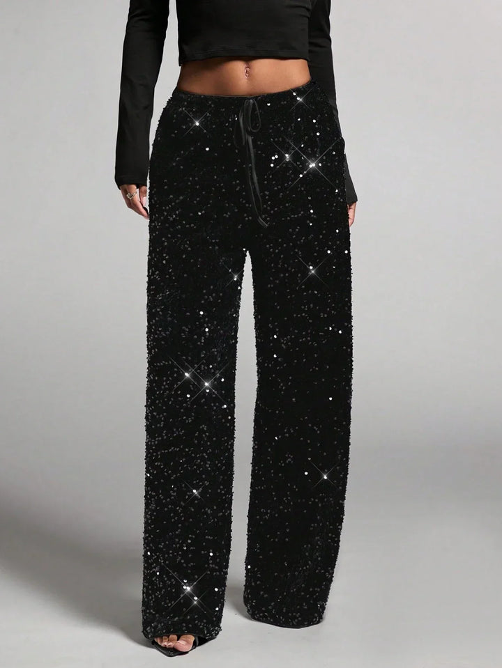 Sorvienne Relaxed Drawstring Wide Leg Sequin Trousers in Black