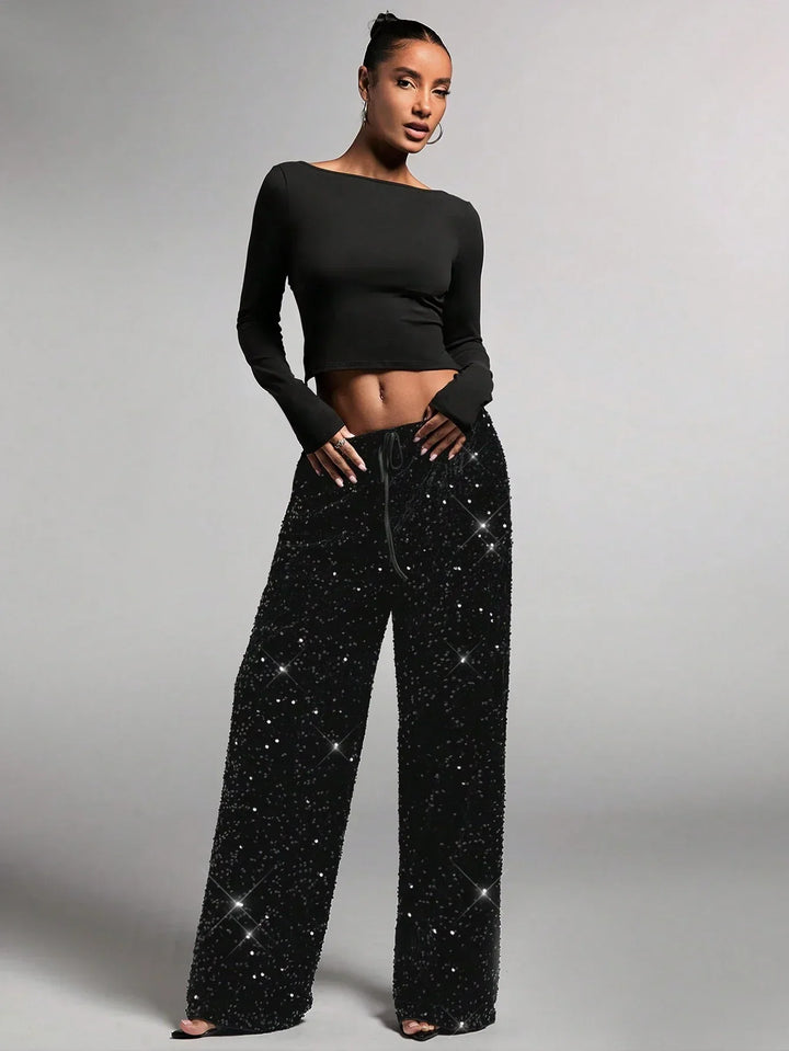 Sorvienne Relaxed Drawstring Wide Leg Sequin Trousers in Black