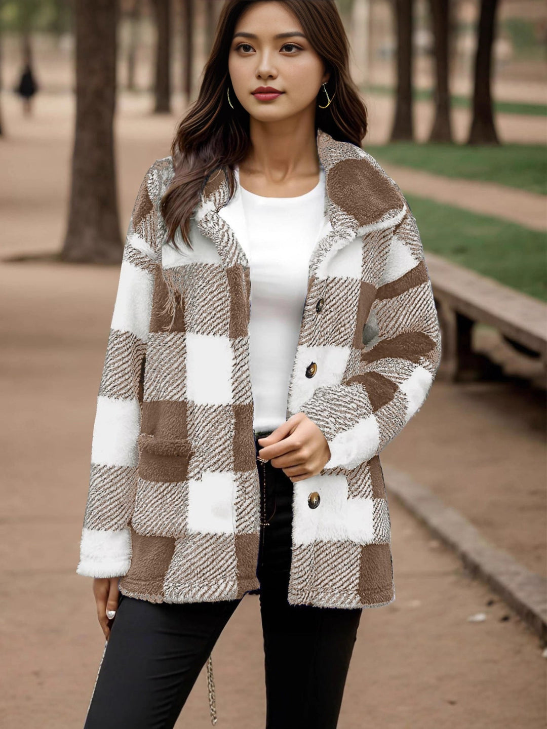 Sorvienne Relaxed Borg Check Shacket in Brown
