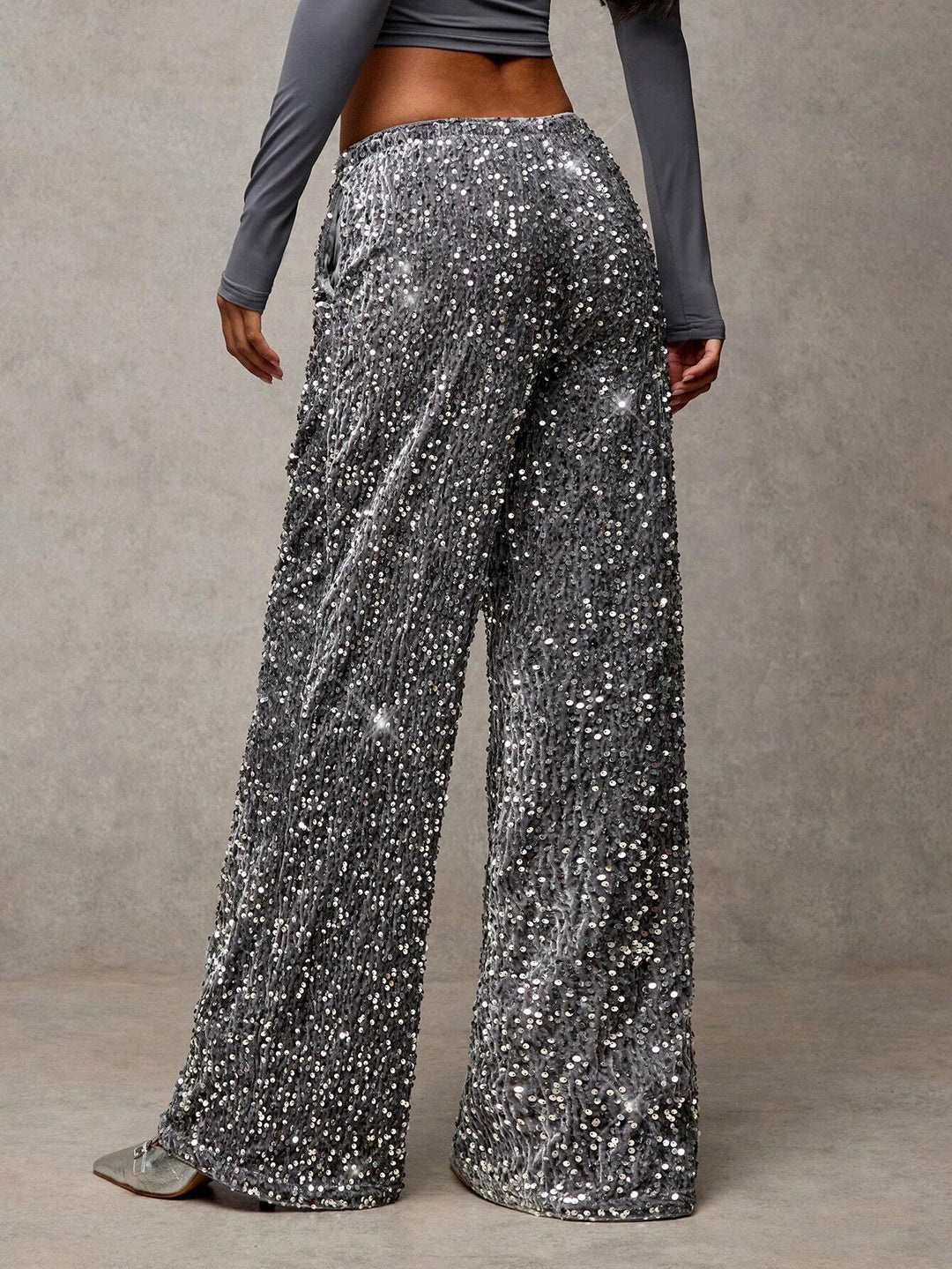 Sorvienne Relaxed Drawstring Wide Leg Sequin Trousers in Silver