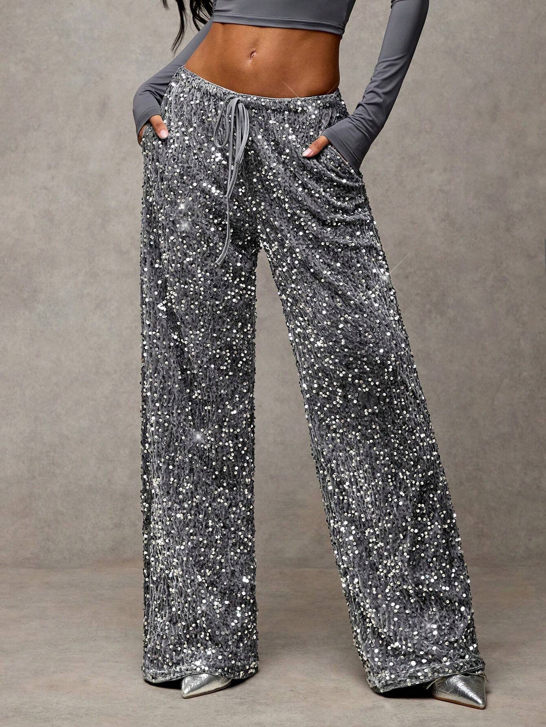 Sorvienne Relaxed Drawstring Wide Leg Sequin Trousers in Silver
