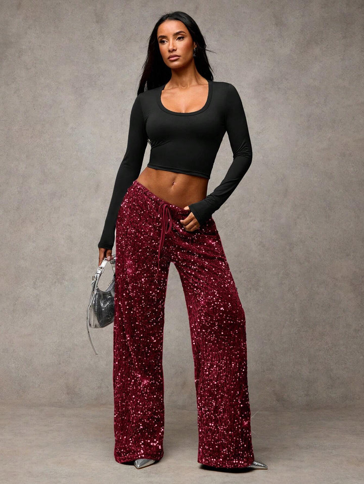 Sorvienne Relaxed Drawstring Wide Leg Sequin Trousers in Burgundy