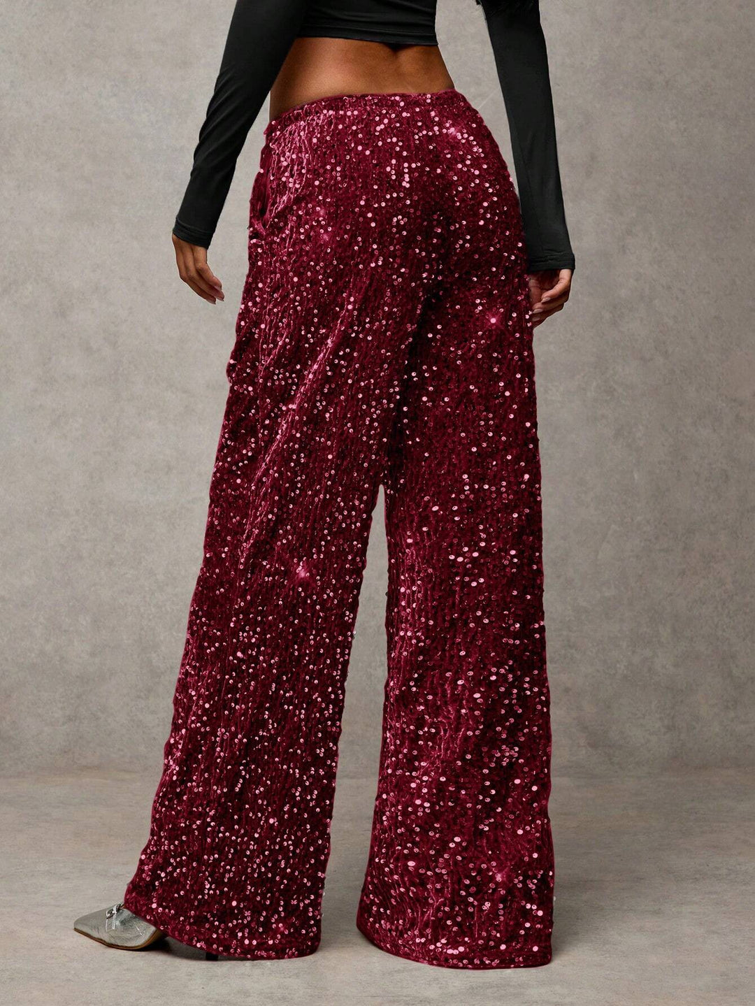 Sorvienne Relaxed Drawstring Wide Leg Sequin Trousers in Burgundy