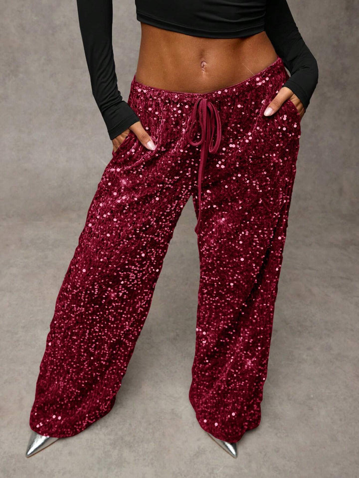Sorvienne Relaxed Drawstring Wide Leg Sequin Trousers in Burgundy