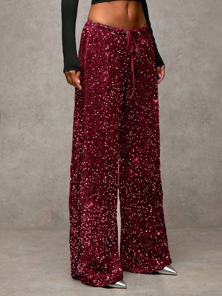Sorvienne Relaxed Drawstring Wide Leg Sequin Trousers in Burgundy