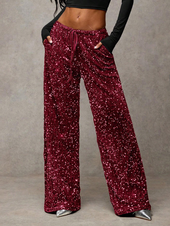 Sorvienne Relaxed Drawstring Wide Leg Sequin Trousers in Burgundy