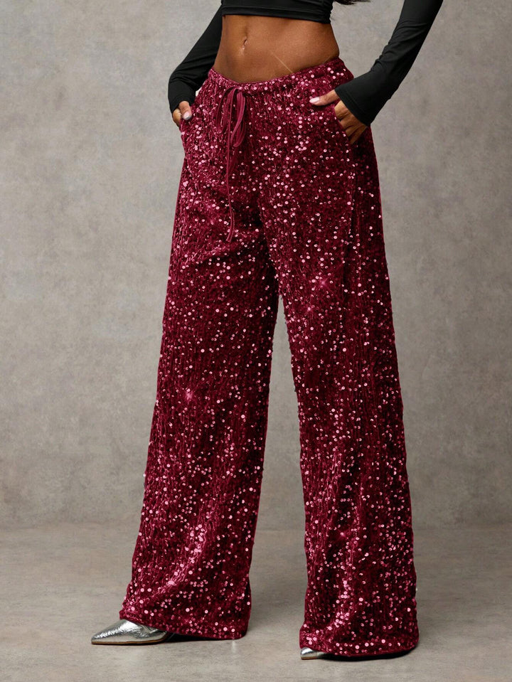 Sorvienne Relaxed Drawstring Wide Leg Sequin Trousers in Burgundy