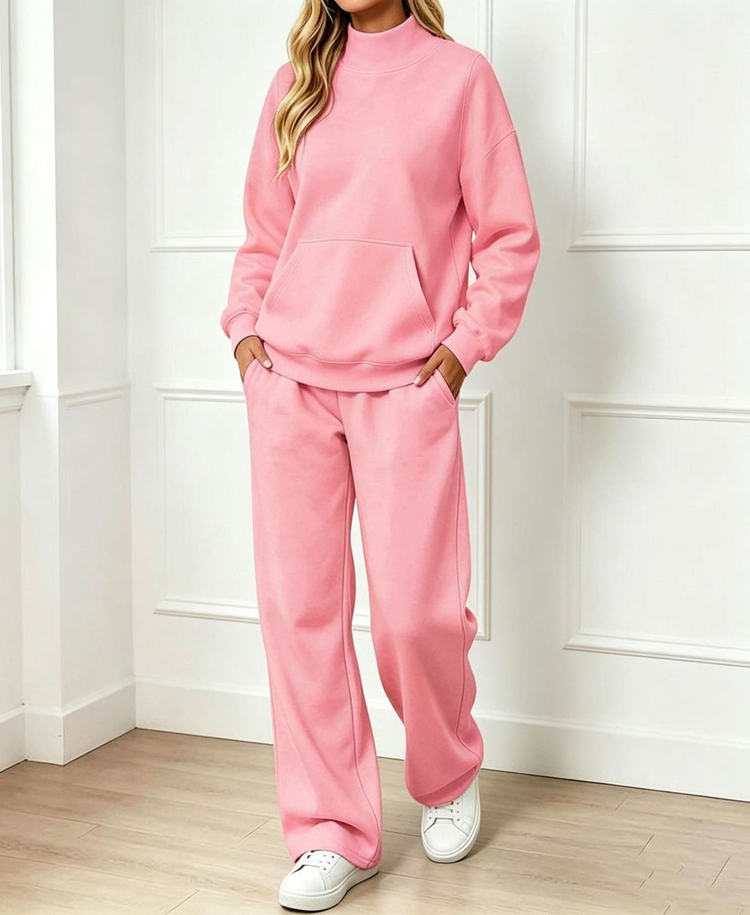 Sorvienne Relaxed Mock Neck Sweatshirt and Joggers Set in Pink