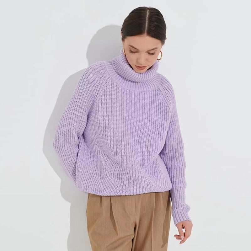 Sorvienne Relaxed Raglan Chunky Roll Neck Jumper in Lilac