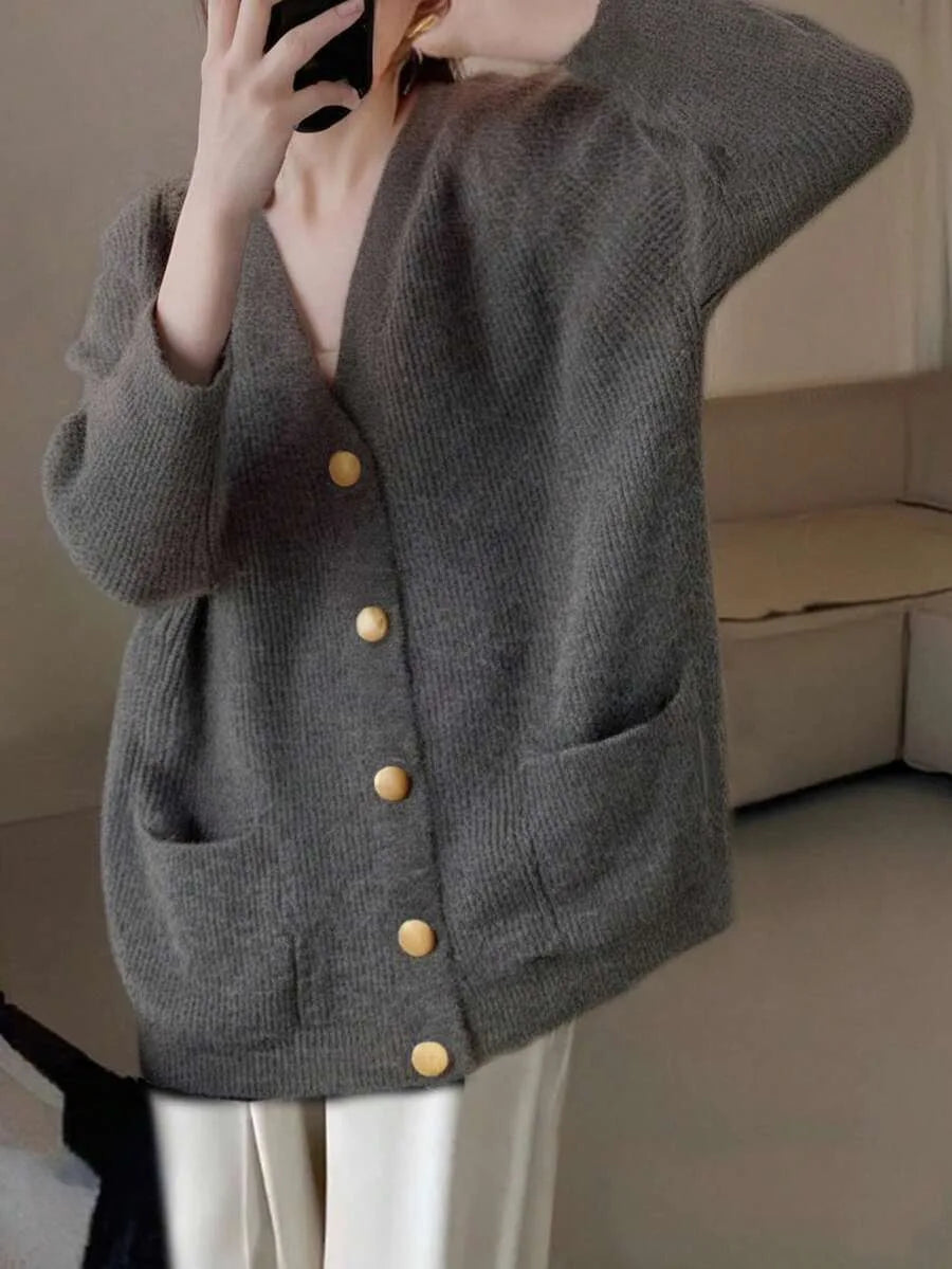 Sorvienne Oversized Ribbed V Neck Cardigan in Charcoal