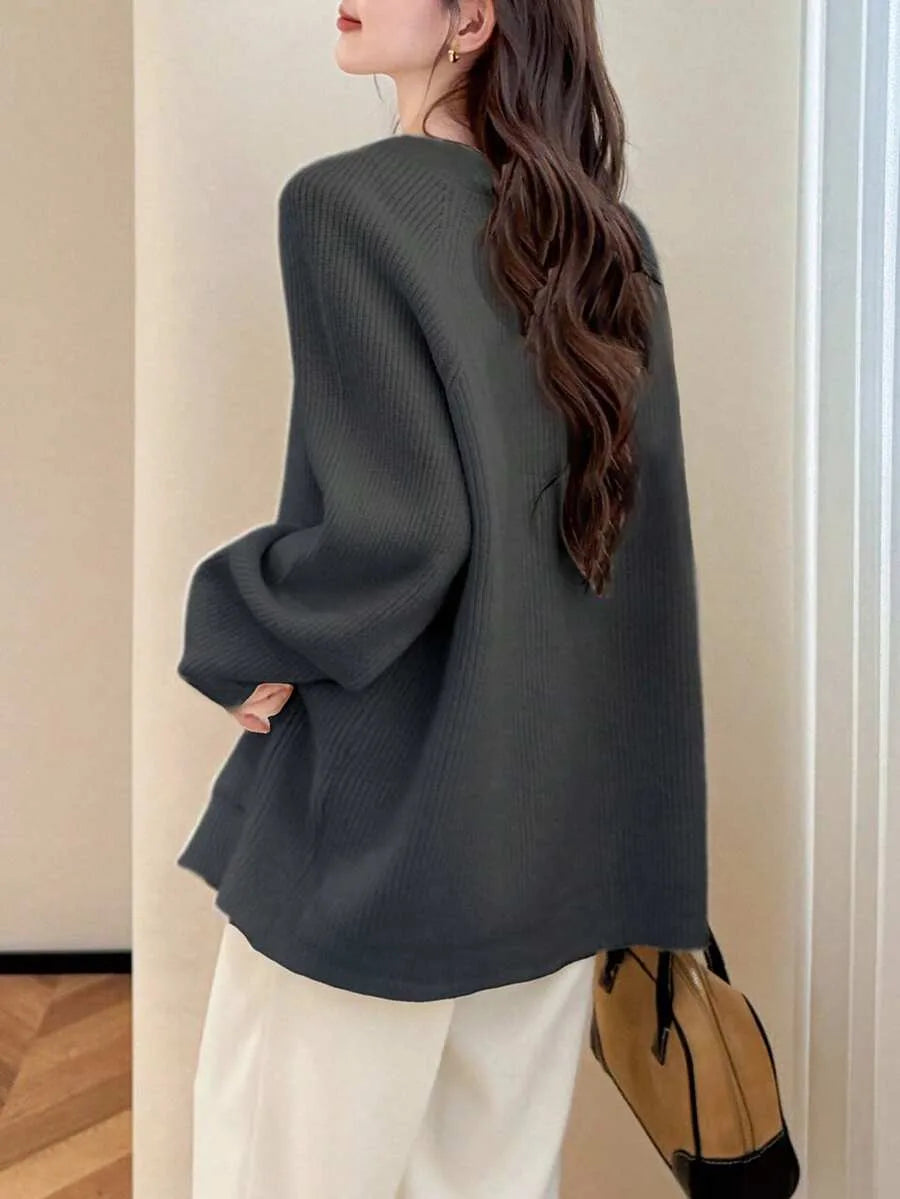 Sorvienne Oversized Ribbed V Neck Cardigan in Charcoal