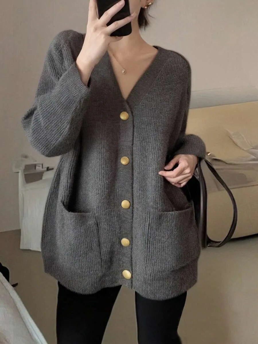 Sorvienne Oversized Ribbed V Neck Cardigan in Charcoal