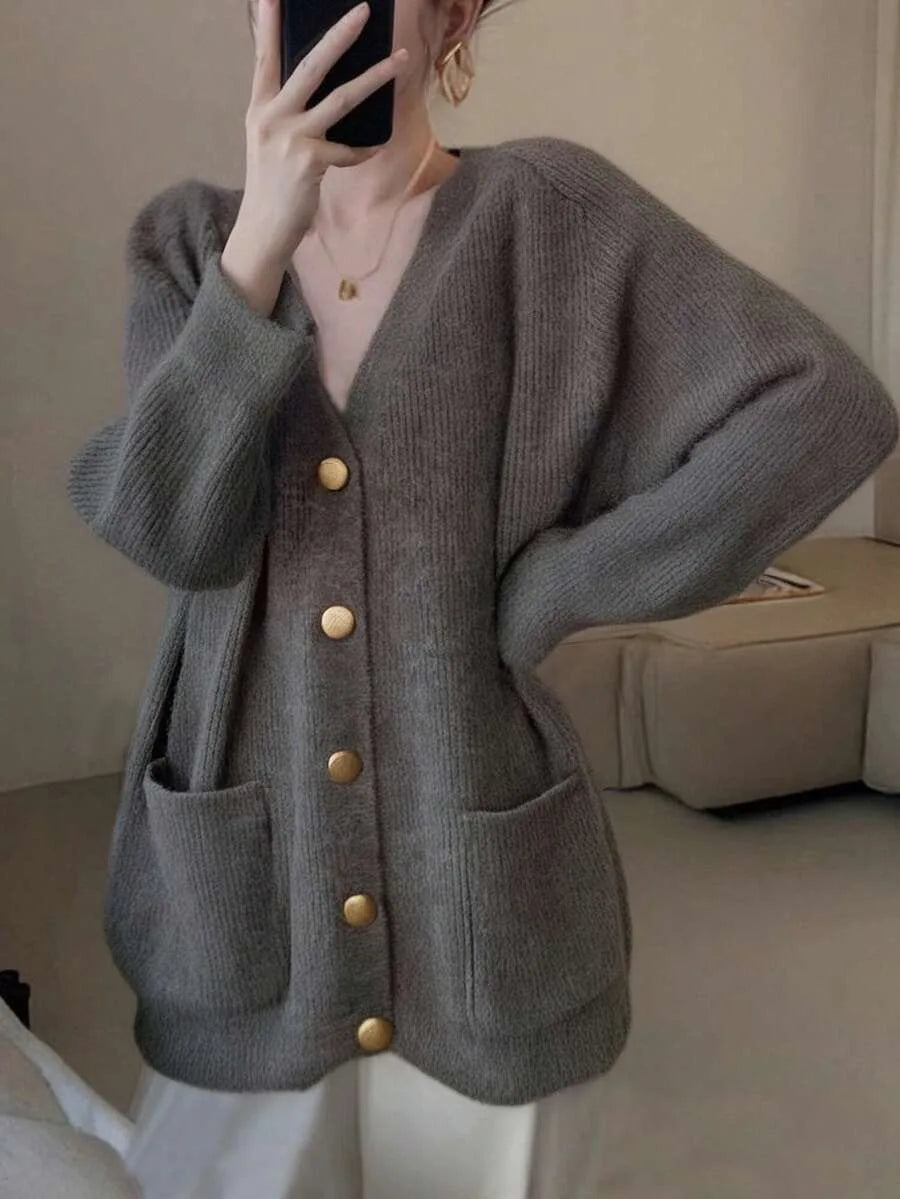Sorvienne Oversized Ribbed V Neck Cardigan in Charcoal