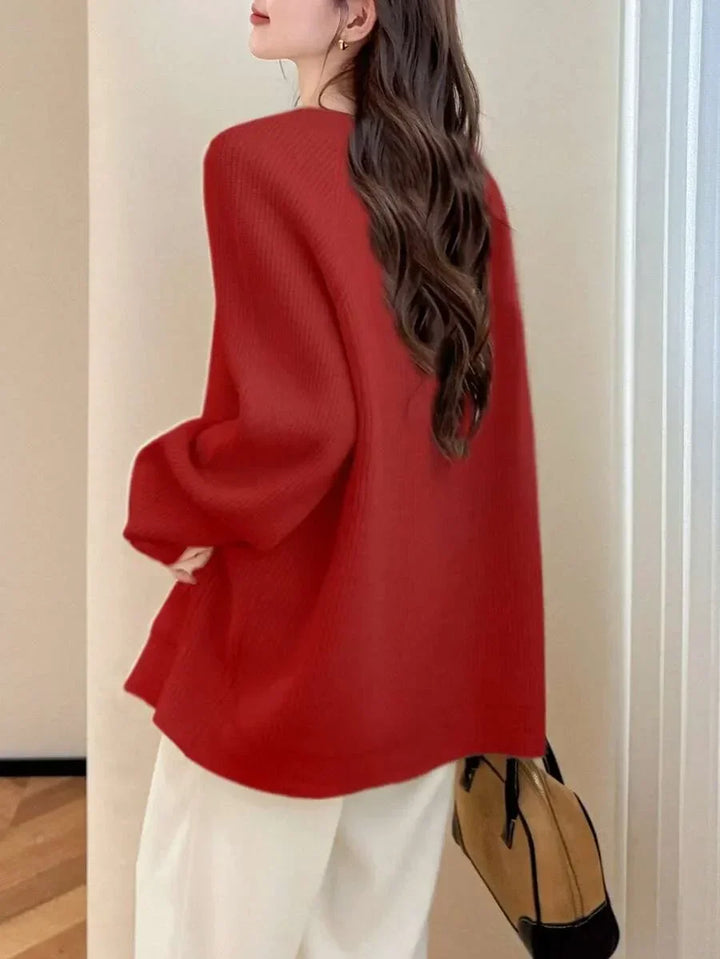 Sorvienne Oversized Ribbed V Neck Cardigan in Red
