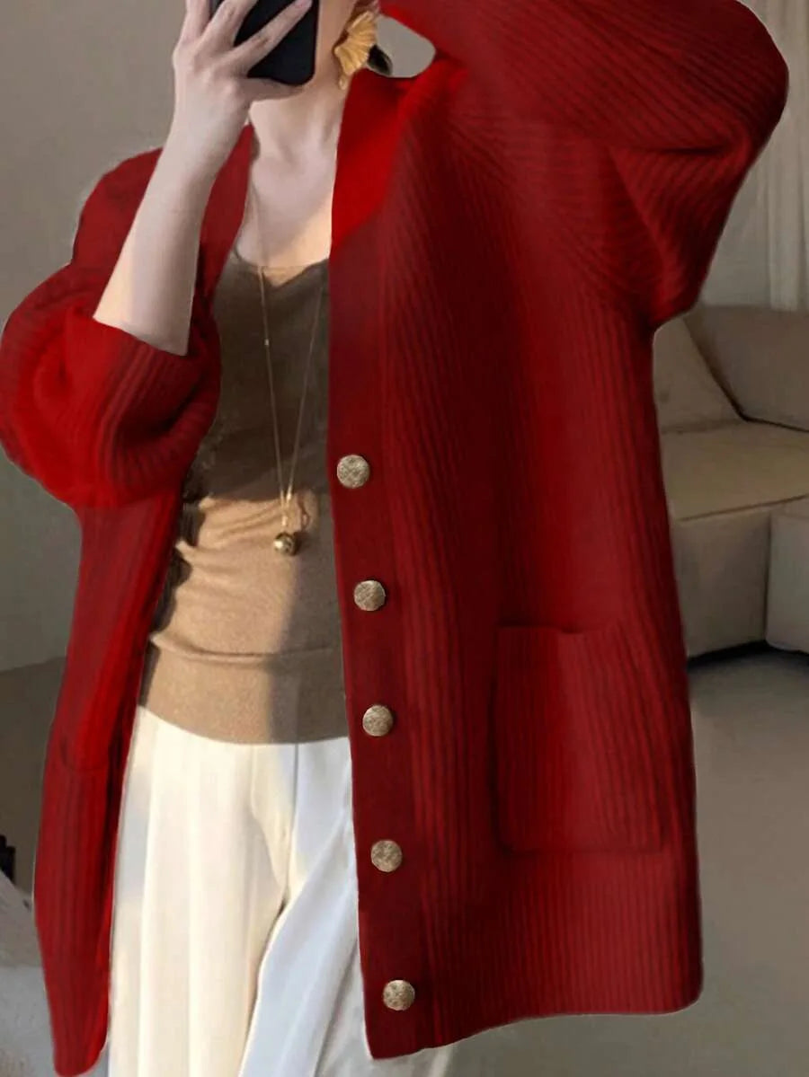 Sorvienne Oversized Ribbed V Neck Cardigan in Red