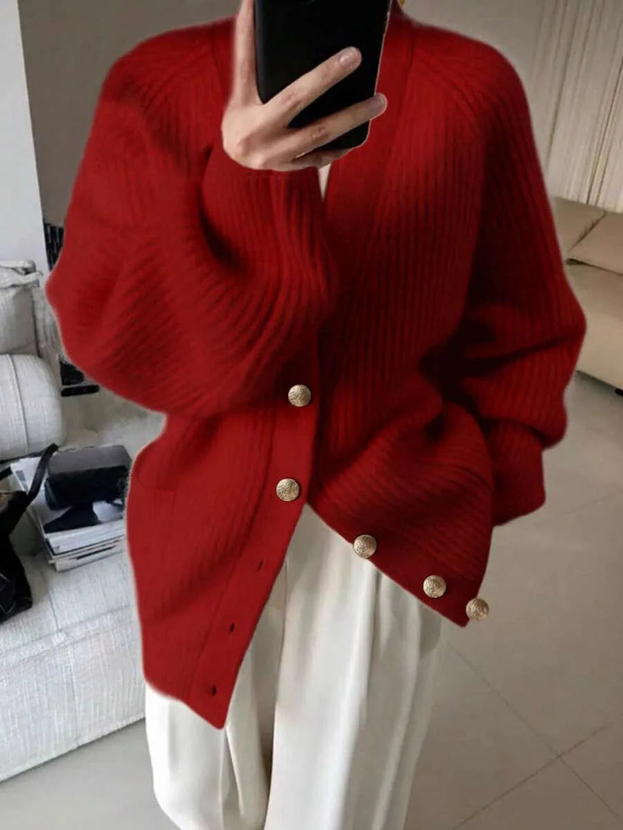 Sorvienne Oversized Ribbed V Neck Cardigan in Red