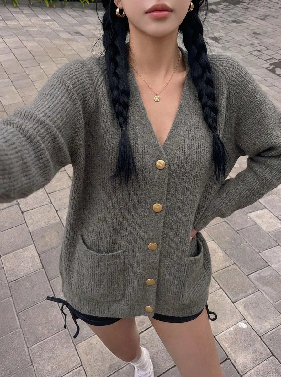 Sorvienne Oversized Ribbed V Neck Cardigan in Charcoal