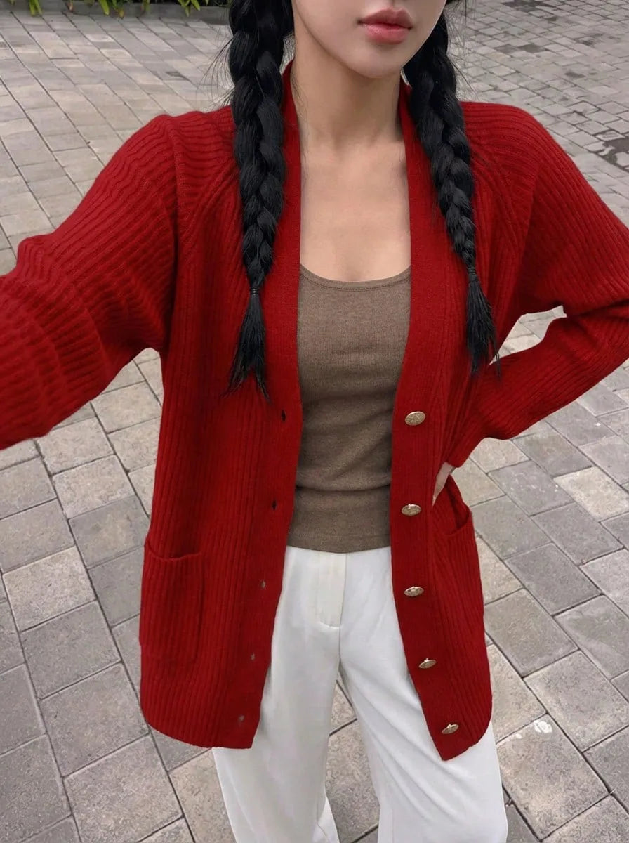 Sorvienne Oversized Ribbed V Neck Cardigan in Red