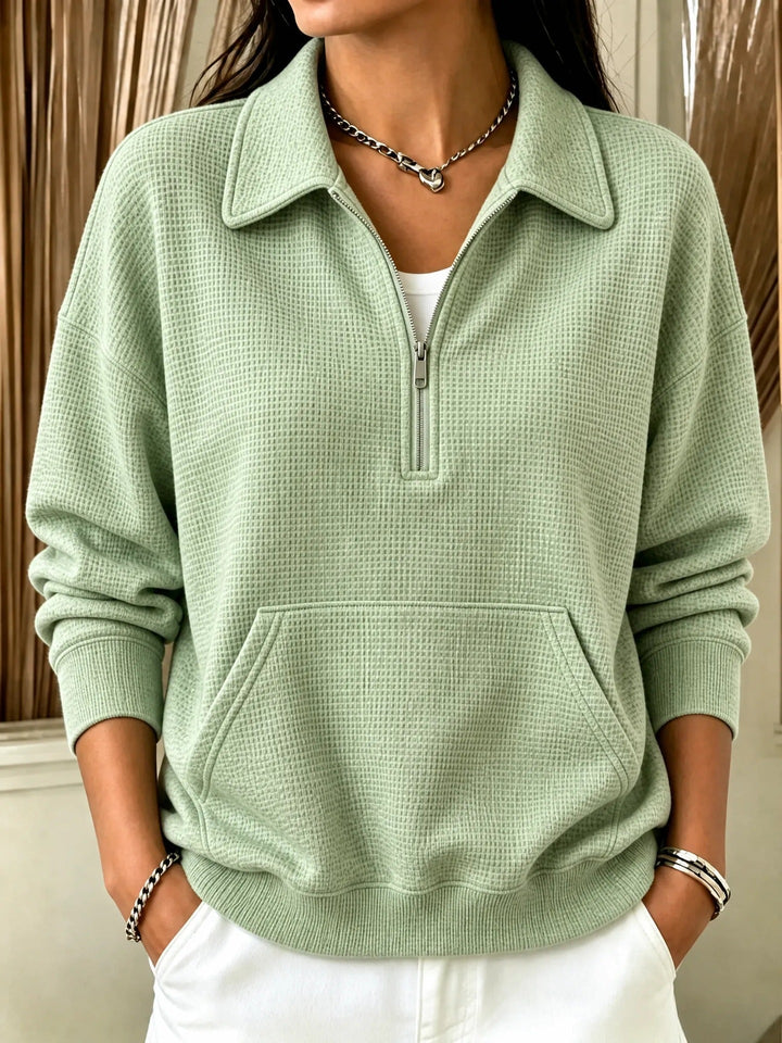 Sorvienne Relaxed Waffle Collared Half Zip Sweatshirt in Sage Green