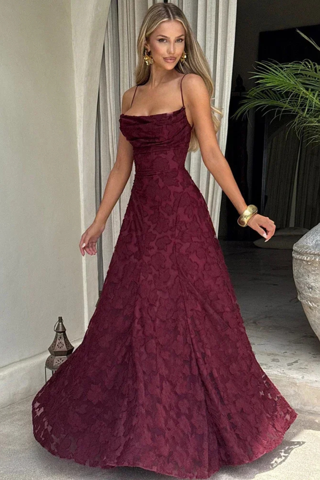 Floral Jacquard Lace-Up Maxi Dress – Sorvienne