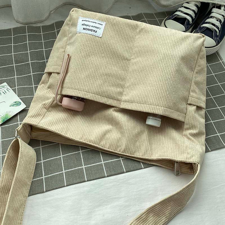 Sorvienne Large Front Pocket Cord Shoulder Bag in Cream