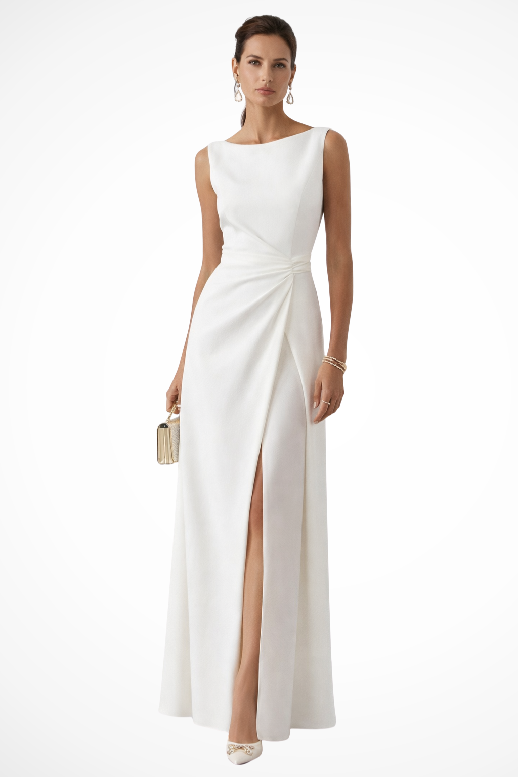 Sorvienne Women's Sleeveless Draped Waist Maxi Dress in White