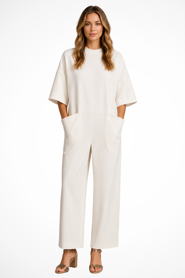 Sorvienne Wide Leg Oversized Relaxed Jumpsuit in White
