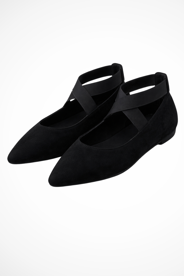 Sorvienne Women's Pointed Toe Ankle Strap Ballet Flats in Black