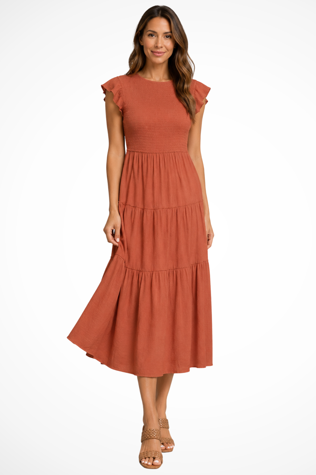 Sorvienne Shirred Tiered Relaxed Midi Dress in Orange