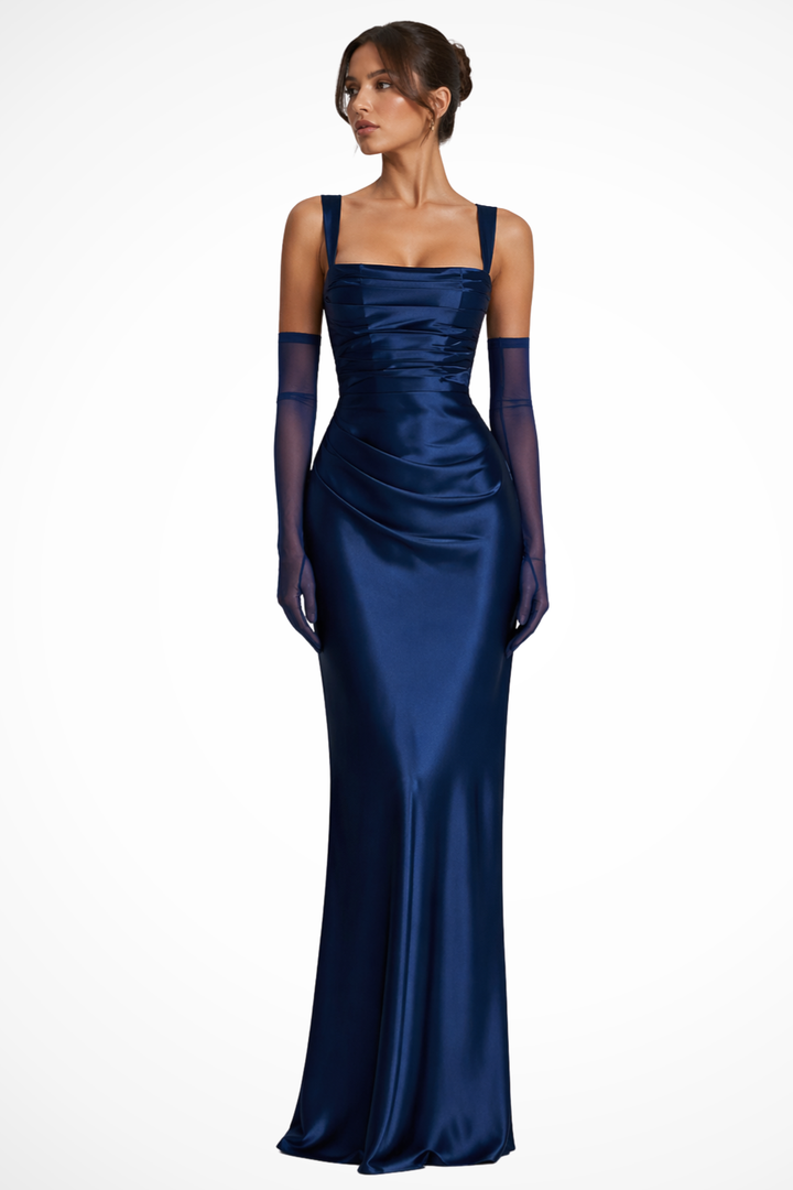 Satin Ruched Maxi Dress Navy Blue – Sorvienne