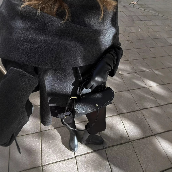 Sorvienne Relaxed Asymmetric Scarf Coat in Charcoal
