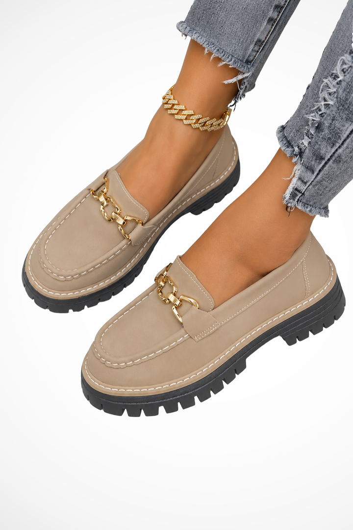 Sorvienne Chain Detail Chunky Orthopaedic Loafers in Khaki