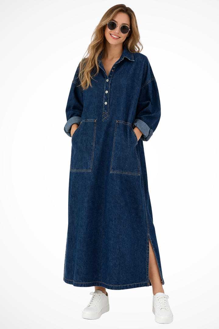 Sorvienne Women's Oversized Denim Maxi Dress with Pockets in Blue