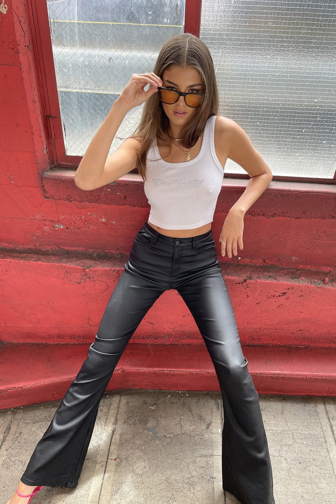 Sorvienne Slim Leather Look Flared Trousers in Black