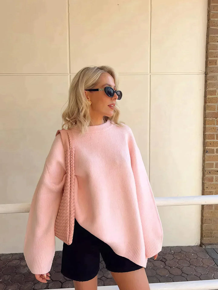 Sorvienne Relaxed Knitted Crew Neck Jumper in Pink