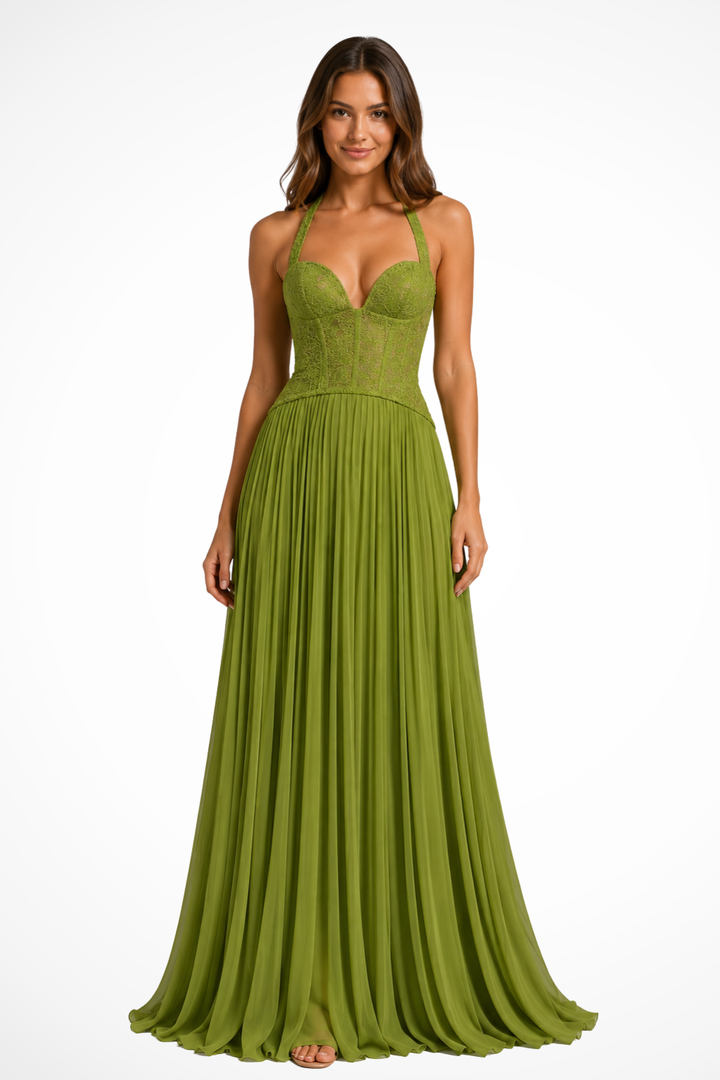 Sorvienne Halter Lace Corset Flowing Maxi Dress in Green