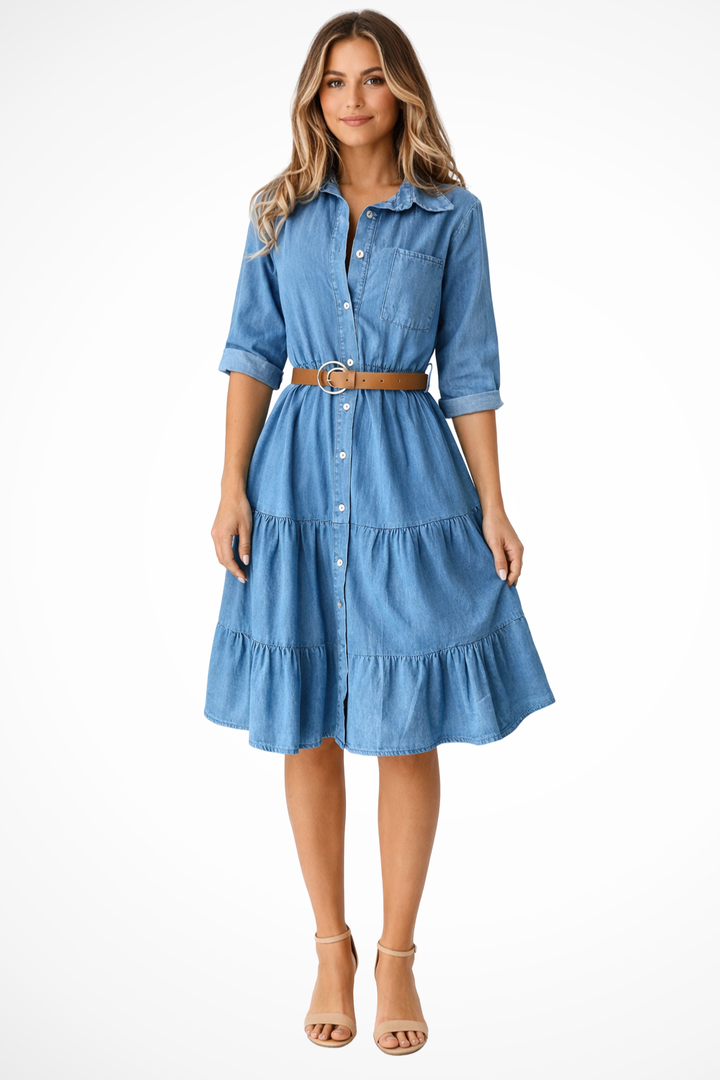 Sorvienne Women's Denim Tiered Midi Shirt Dress with Belt in Blue