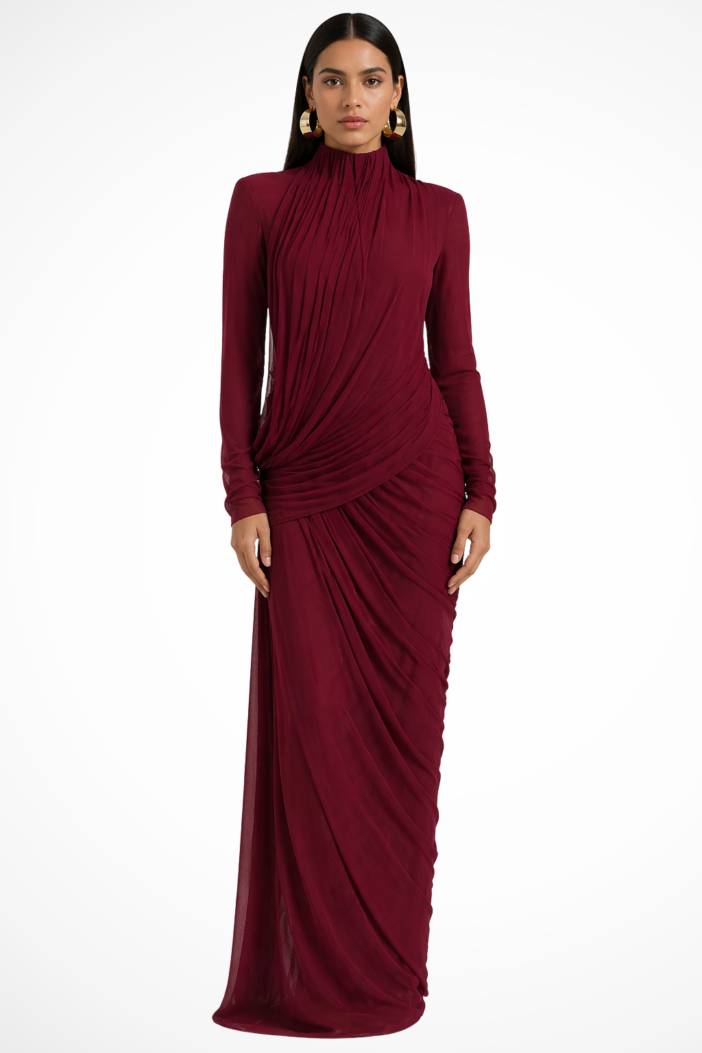 Sorvienne Women's Long Sleeve High Neck Maxi Dress in Burgundy