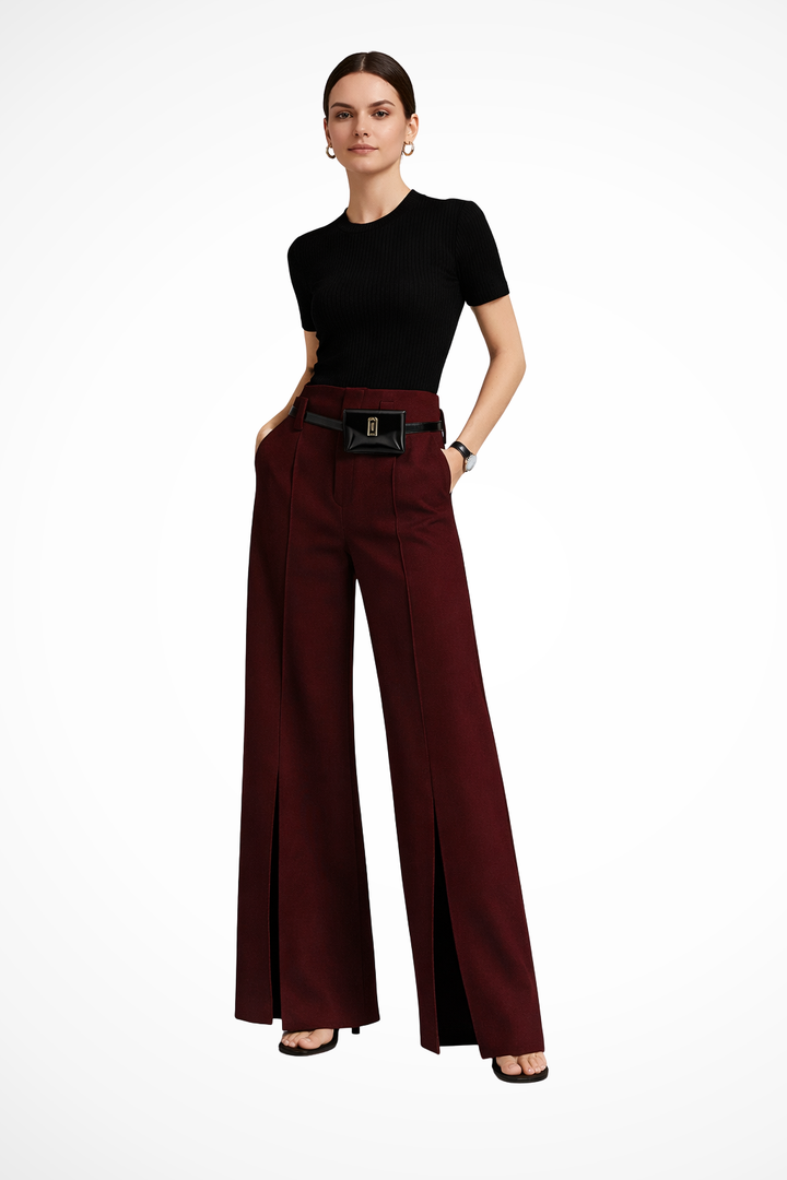 Sorvienne Women's Tailored Wide Leg Trousers in Wine Red