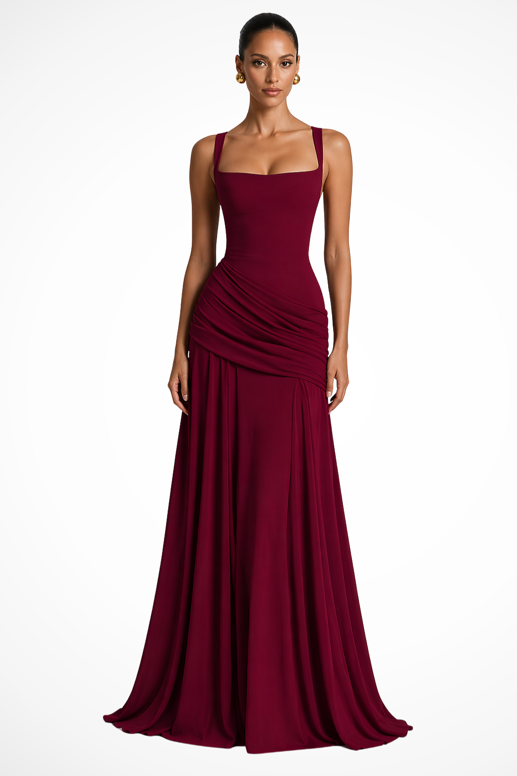 Sorvienne Women's Square Neck Ruched Maxi Dress in Burgundy