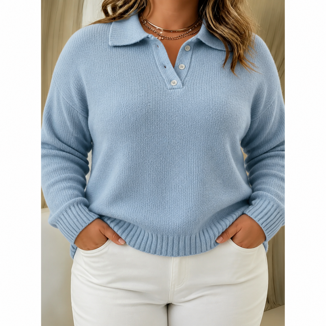 Sorvienne Relaxed Button Placket Polo Collar Jumper in Light Blue