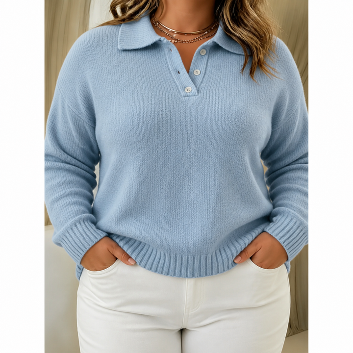 Sorvienne Relaxed Button Placket Polo Collar Jumper in Light Blue