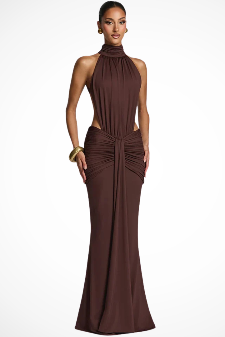 Sorvienne Women's High Neck Backless Ruched Maxi Dress in Coffee