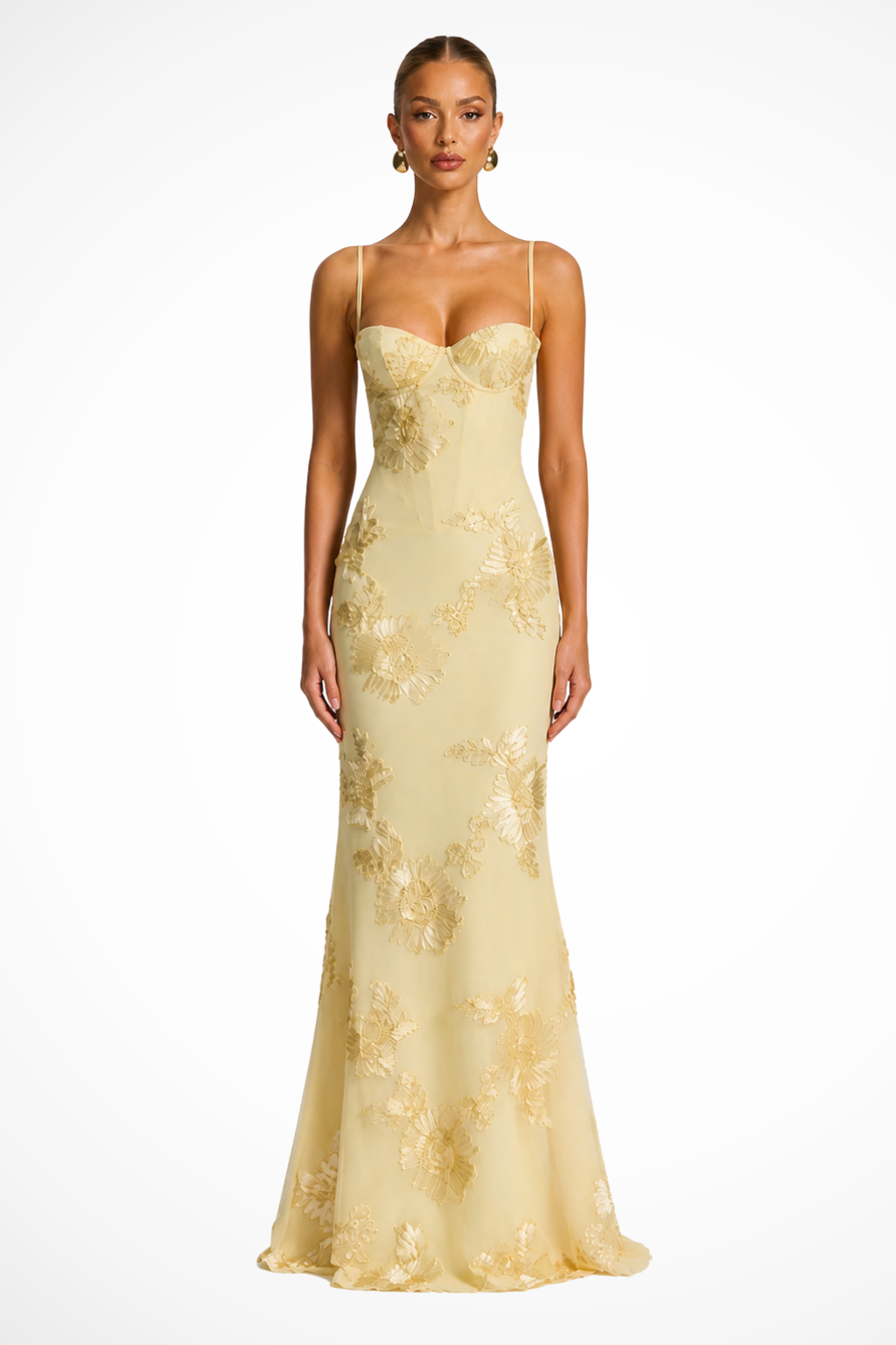 Yellow Women's Floral Embroidered Corset Maxi Dress – Sorvienne