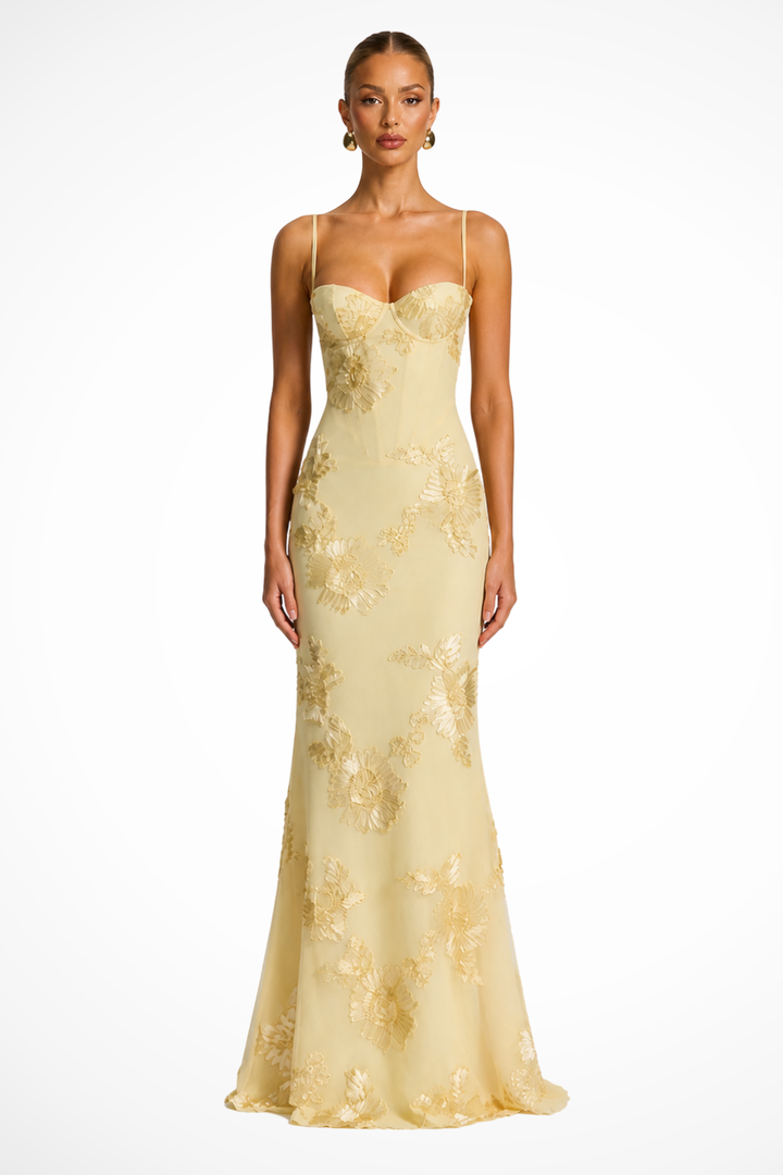 Yellow Women's Floral Embroidered Corset Maxi Dress – Sorvienne