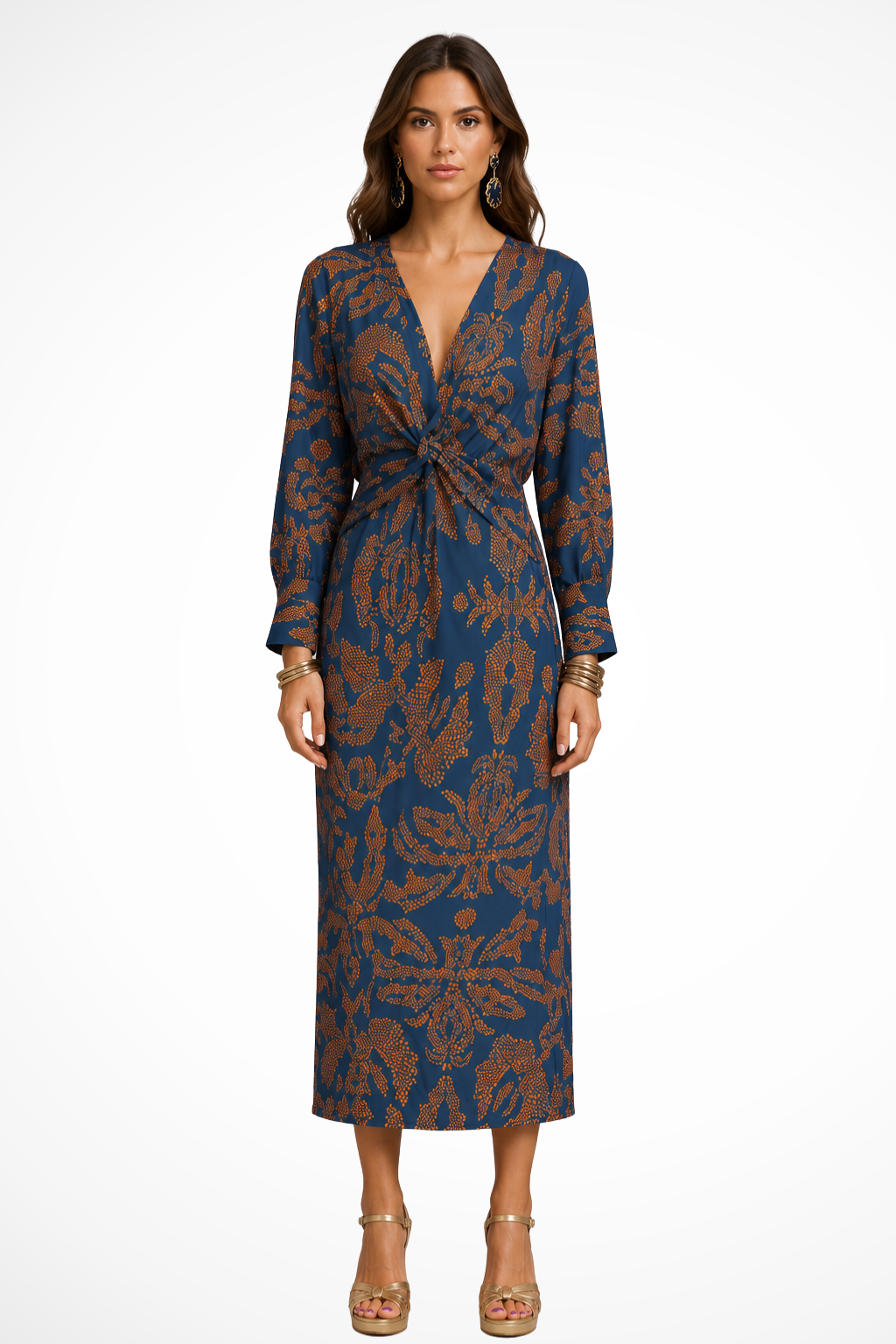 Sorvienne V-Neck Twist Front Printed Midi Dress in Blue