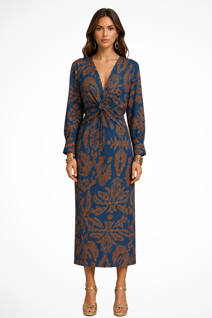 Sorvienne V-Neck Twist Front Printed Midi Dress in Blue