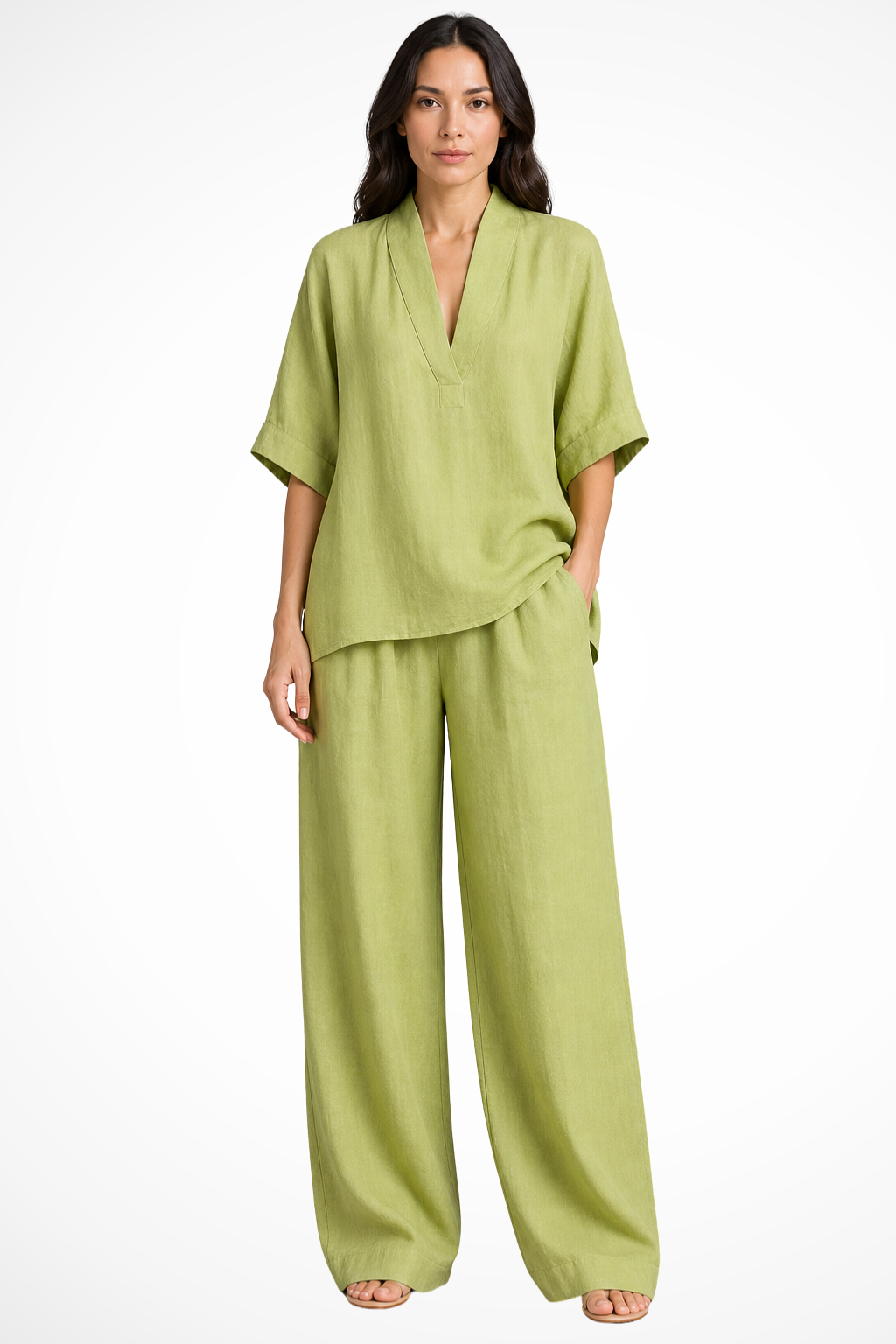 Sorvienne Women's Linen Wide Leg Co-Ord Set in Green