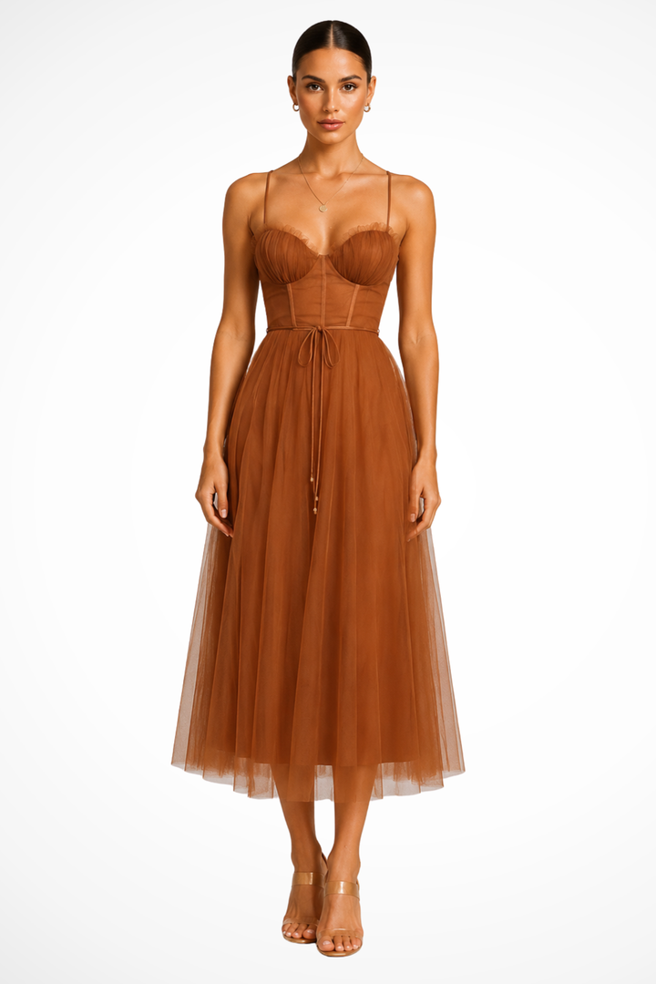 Rusty Brown Women's Corset Tiered Midi Dress – Sorvienne